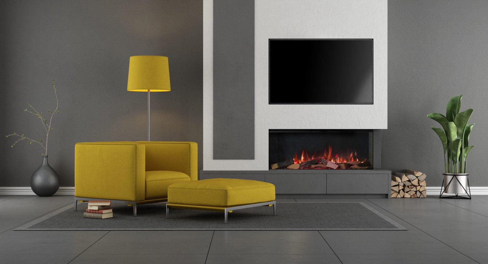 Gray and yellow modern living room with fireplace and armchair - 3d rendering
Note: the room does not exist in reality, Property model is not necessary