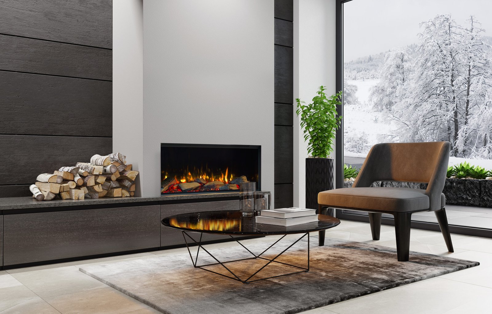 Luxurious apartment interior living room with fireplace.