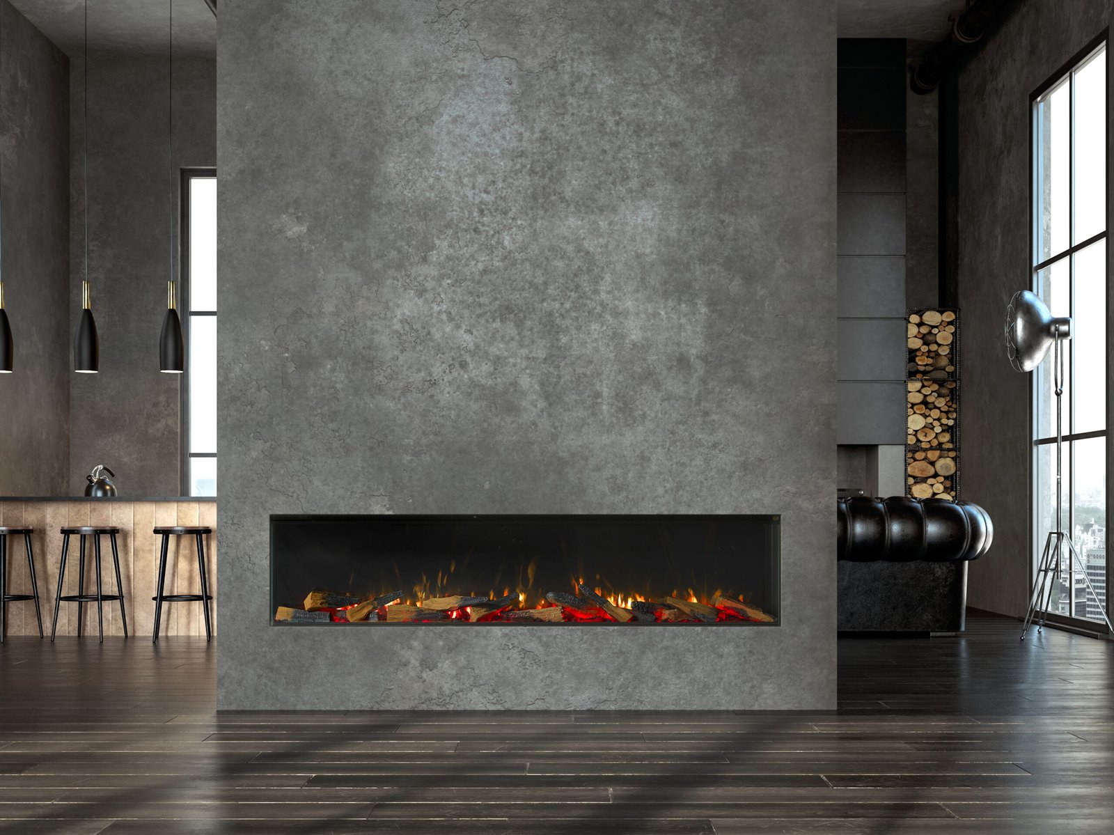 Living room interior in loft, industrial style, 3d render