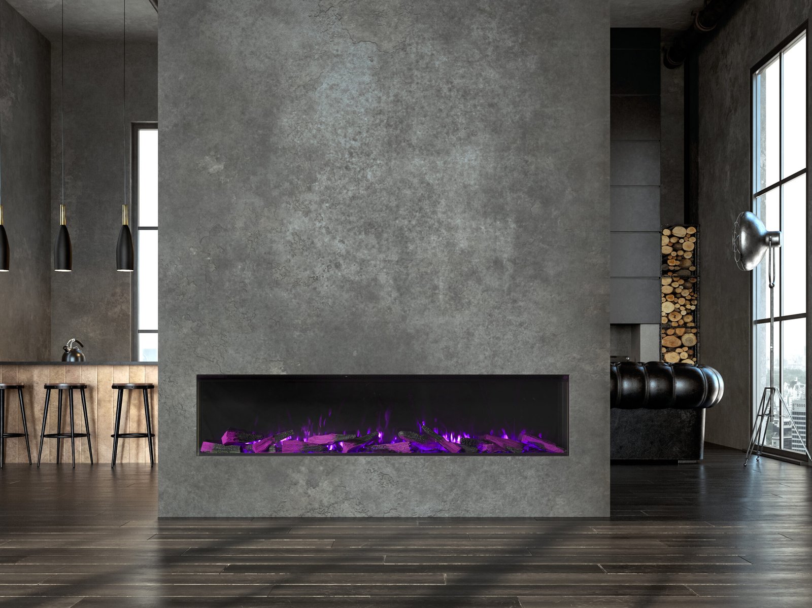 Living room interior in loft, industrial style, 3d render