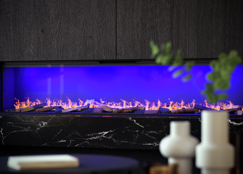 e-SliM Linear vooraanzicht -originele vlam - blauwe ambiance